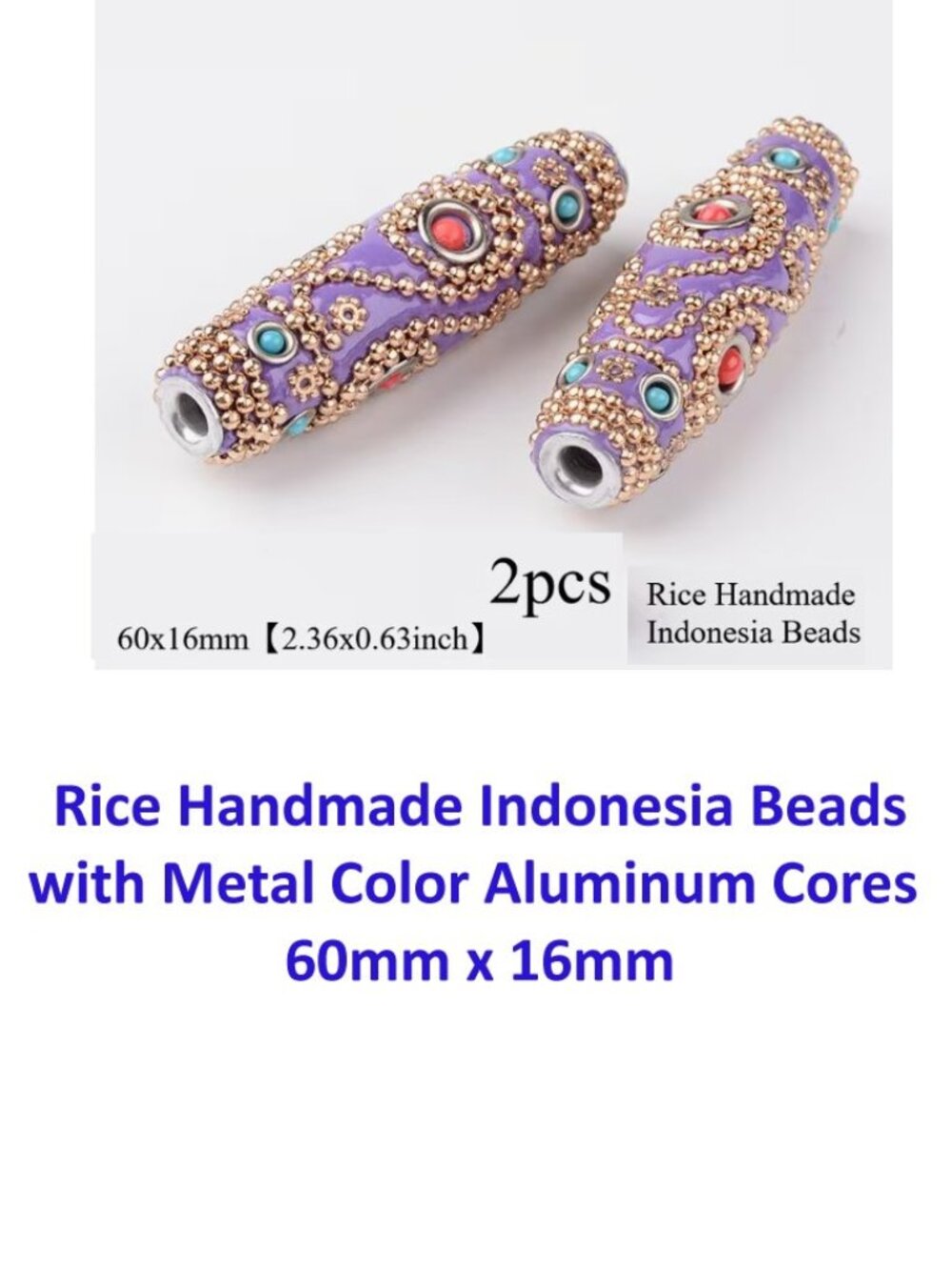 Rice Handmade Indonesia Beads, with Metal Color Aluminum Cores 60mm x 16mm 2 pc
